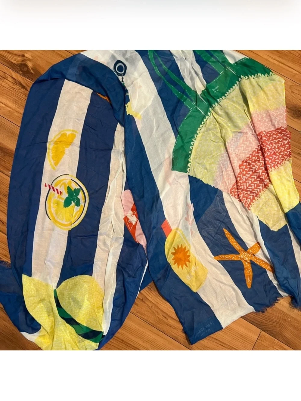 kate spade Blue White Beach Towel Summertime Theme Oblong Striped Scarf::NWT::